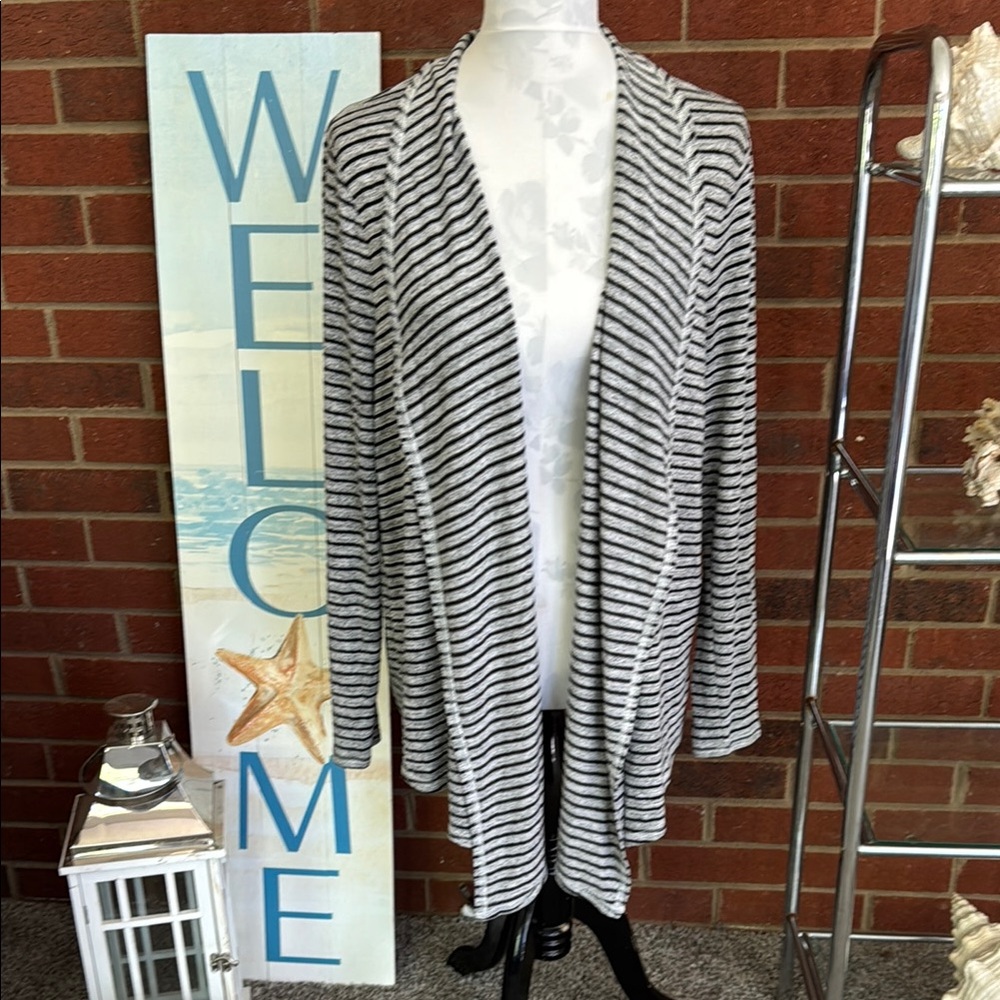 Chico’s Zenergy Striped Black and Gray Drape Open Tunic  Cardigan